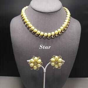 Star Faux Pearl Choker Necklace Earrings Set, Mid-Century 1950s Vintage Jewelry